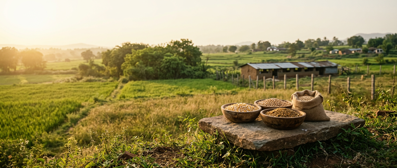 Rural farm at golden hour with bowls of maize and feed grains on a stone in the foreground