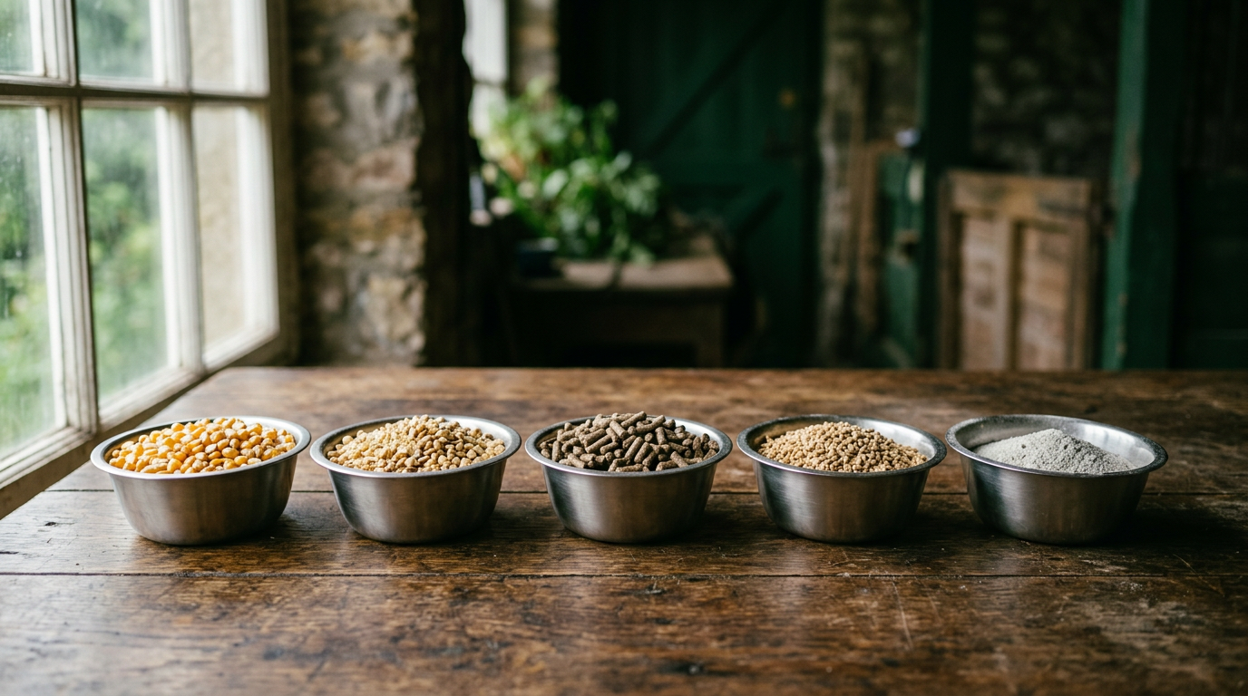 Steel bowls of different feed ingredients and feed forms on a wooden table