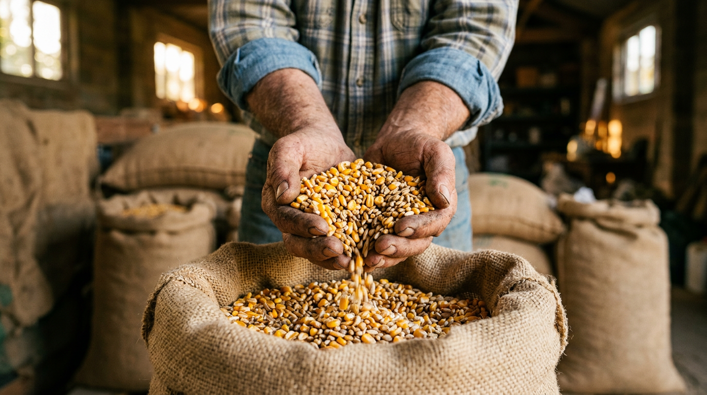 A farmer’s hands holding maize and feed grains above a jute sack